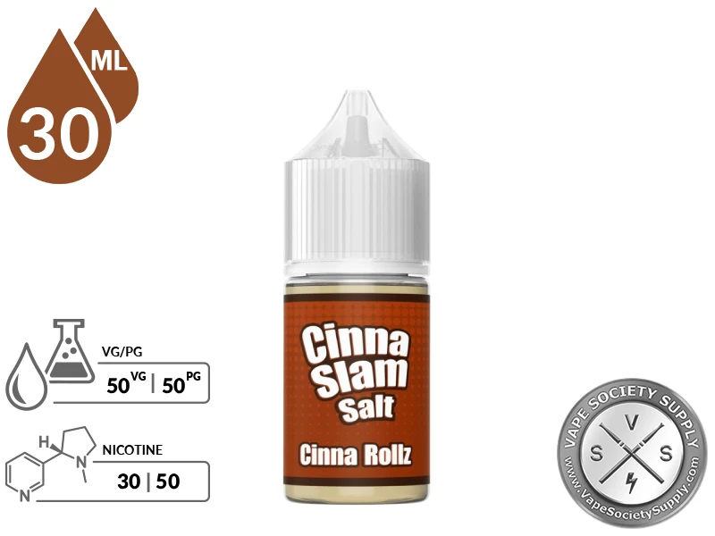 Cinna Rollz by Cinna Slam Salt 30ml bottle with a 50/50 VG/PG icon and nicotine strength icons