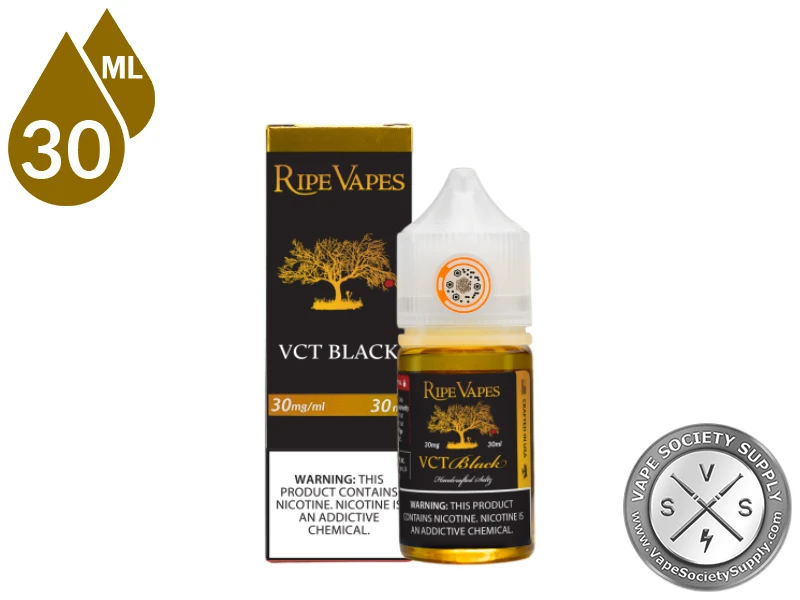 VCT Black by Ripe Vapes Handcrafted Saltz 30ml bottle and box