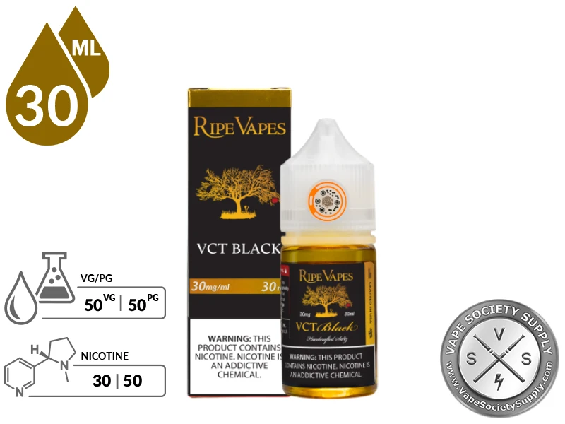 VCT Black by Ripe Vapes Handcrafted Saltz 30ml bottle with a 50/50 VG/PG icon and nicotine strength icons