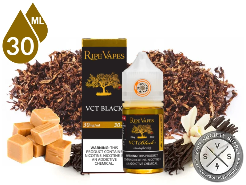 VCT Black by Ripe Vapes Handcrafted Saltz 30ml bottle and box with dried tobacco leaves, caramels and vanilla pods
