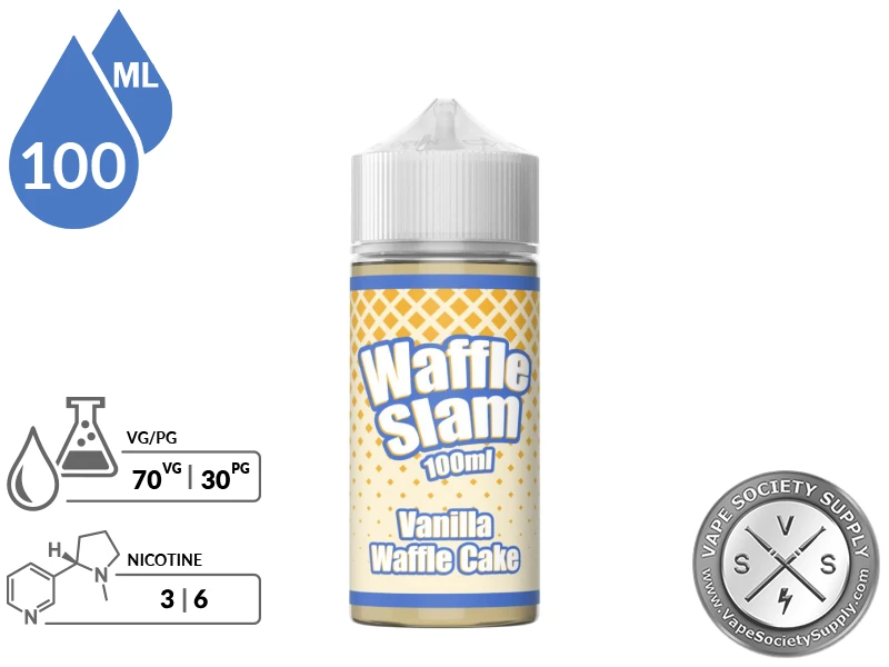 Vanilla Waffle Cake by Waffle Slam 100ml bottle with a 70/30 VG/PG icon and nicotine strength icons