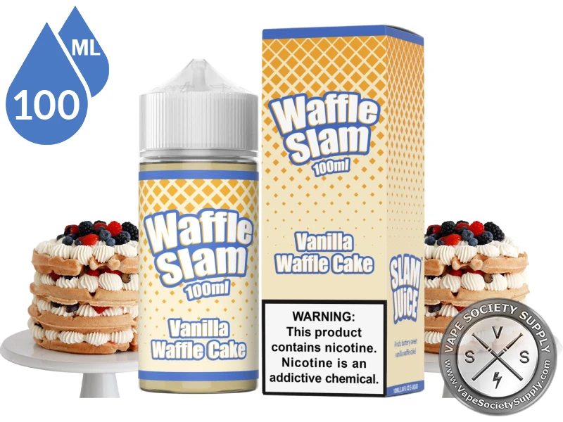 Vanilla Waffle Cake by Waffle Slam 100ml bottle and box with a layered waffle cake with cream and berries