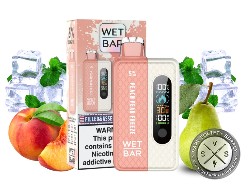 Wet Bar 35K Vape Kit Peach Pear Freeze kit with its box, next to peaches, a pear, ice cubes and mint leaves