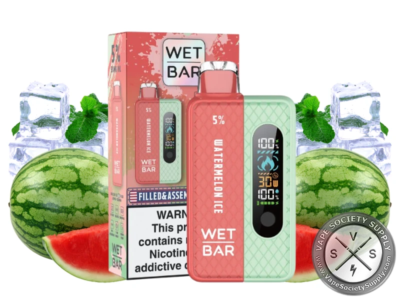 Wet Bar 35K Vape Kit Watermelon Ice kit with its box, next to watermelon slices, ice cubes and mint leaves