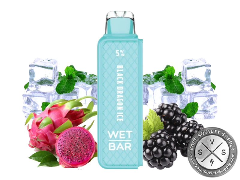 Wet Bar 35K Black Dragon Ice pod in light blue, next to dragon fruit, blackberries, ice cubes and mint leaves