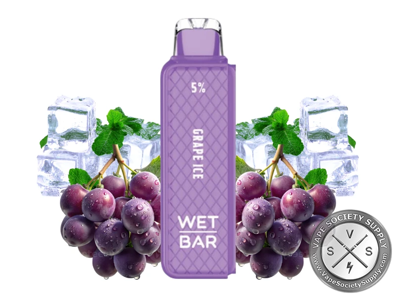 Wet Bar 35K Grape Ice pod in purple, next to grapes, ice cubes and mint leaves