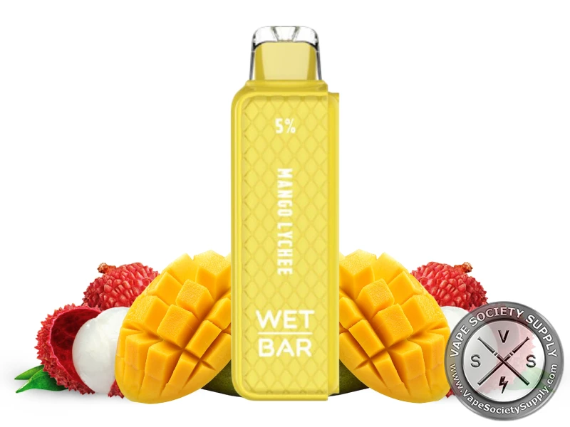 Wet Bar 35K Mango Lychee pod in yellow, next to mangoes and lychees