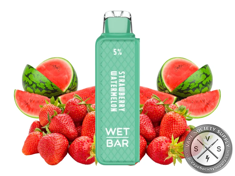 Wet Bar 35K Strawberry Watermelon pod in teal, next to strawberries and watermelon slices