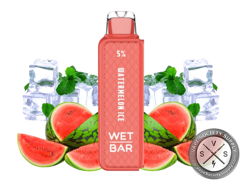 Wet Bar 35K Watermelon Ice pod in red, next to watermelon slices, ice cubes and mint leaves