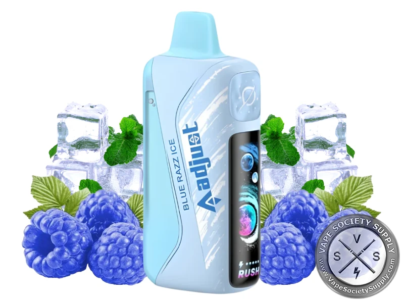 Adjust MyRusher 40K Blue Razz Ice disposable vape with blue raspberries, ice cubes and mint leaves