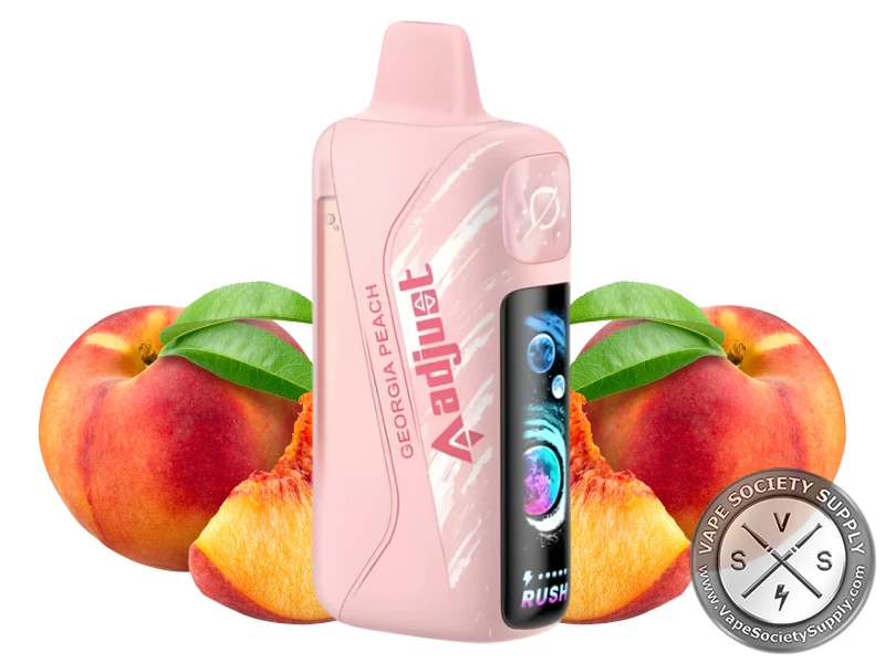 Adjust MyRusher 40K Georgia Peach disposable vape with peaches and peach slices