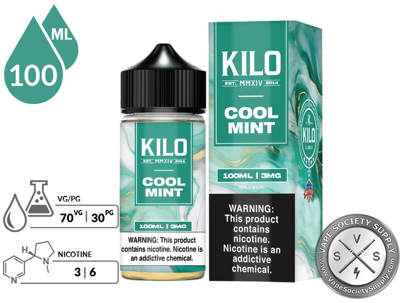 Cool Mint by Kilo 100ml bottle and box with a 70/30 VG/PG icon and nicotine strength icons