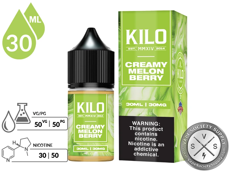 Creamy Melon Berry by Kilo Salts 30ml bottle and box with a 50/50 VG/PG icon and nicotine strength icons