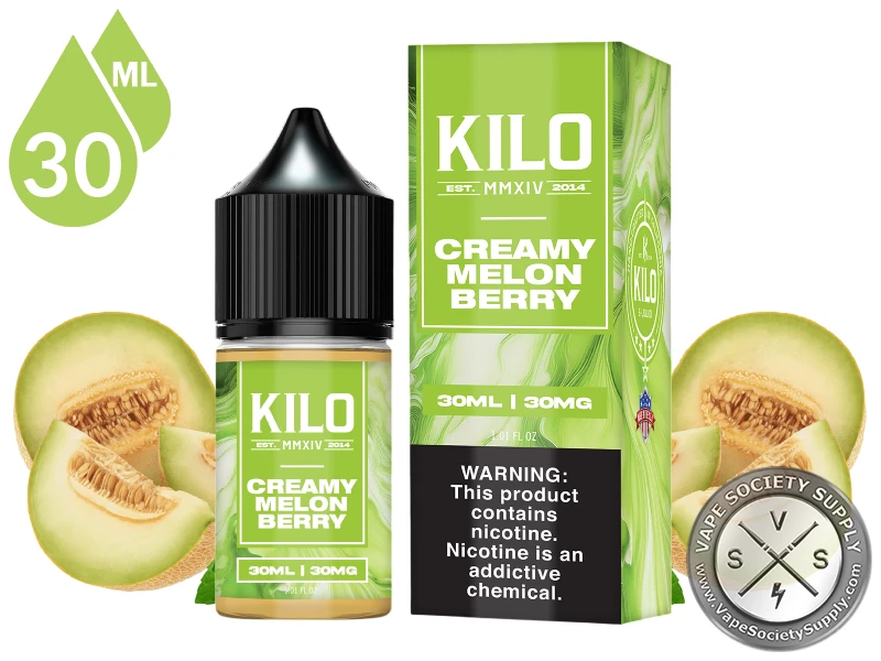 Creamy Melon Berry by Kilo Salts 30ml bottle and box with honeydew melon halves