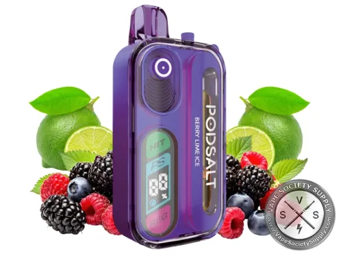 Pod Salt Hit 40K Berry Lime Ice disposable vape in purple, next to limes, blackberries, raspberries and blueberries