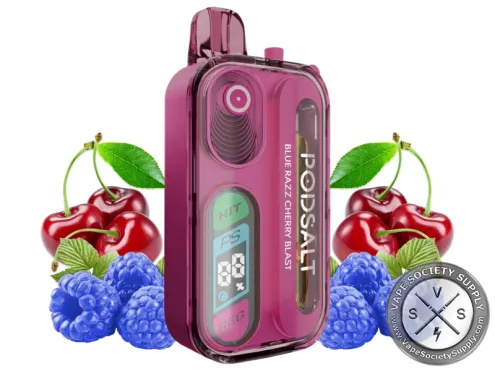 Pod Salt Hit 40K Blue Razz Cherry Blast disposable vape in burgundy, next to cherries and blue raspberries