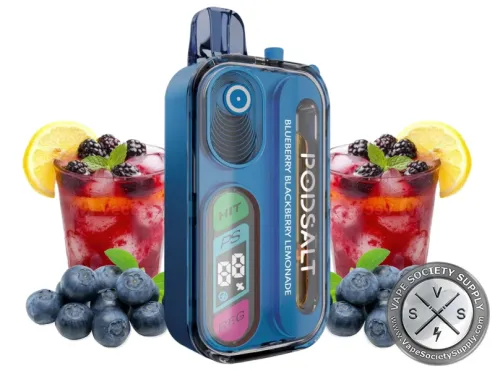 Pod Salt Hit 40K Blueberry Blackberry Lemonade disposable vape in navy, next to glasses of berry lemonade, blueberries and lemon slices
