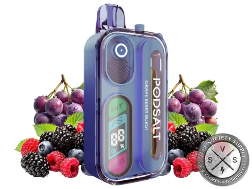 Pod Salt Hit 40K Grape Berry Burst disposable vape in navy, next to grapes, blackberries and raspberries