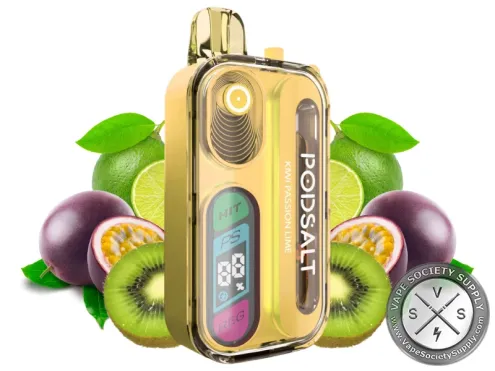 Pod Salt Hit 40K Kiwi Passion Lime disposable vape in gold, next to kiwis, passion fruit and limes