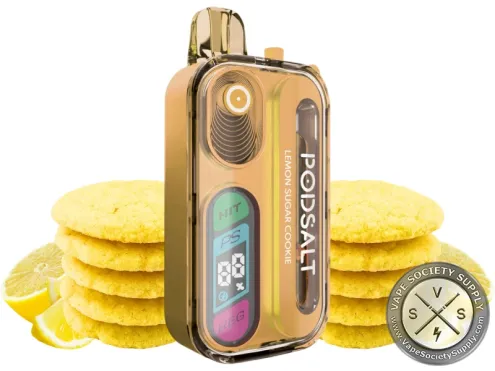 Pod Salt Hit 40K Lemon Sugar Cookie disposable vape in gold, next to sugar cookies and lemon slices