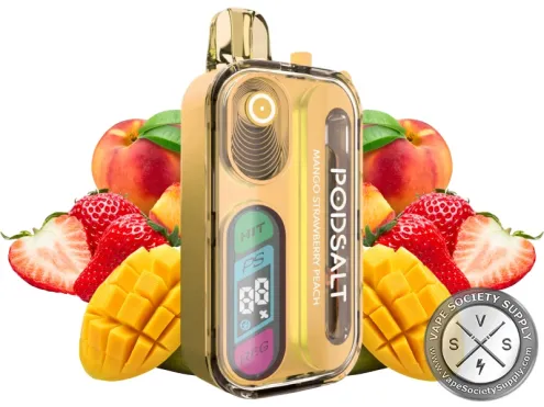 Pod Salt Hit 40K Mango Strawberry Peach disposable vape in gold, next to mangoes, strawberries and peaches