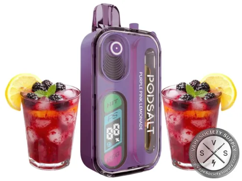 Pod Salt Hit 40K Purple Pink Lemonade disposable vape in purple, next to glasses of purple lemonade and lemon slices