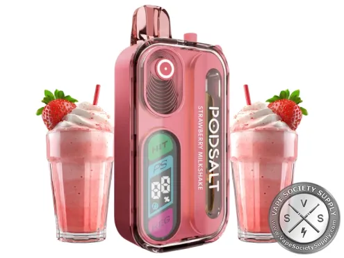 Pod Salt Hit 40K Strawberry Milkshake disposable vape in salmon pink, next to strawberry milkshakes