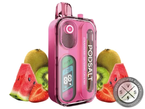 Pod Salt Hit 40K Strawberry Watermelon Kiwi disposable vape in pink, next to kiwi halves and watermelon slices