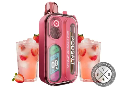 Pod Salt Hit 40K Sweet Strawberry Lemonade disposable vape in rose red, next to glasses of strawberry lemonade and strawberries