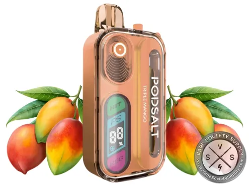 Pod Salt Hit 40K Triple Mango disposable vape in orange, next to mangoes
