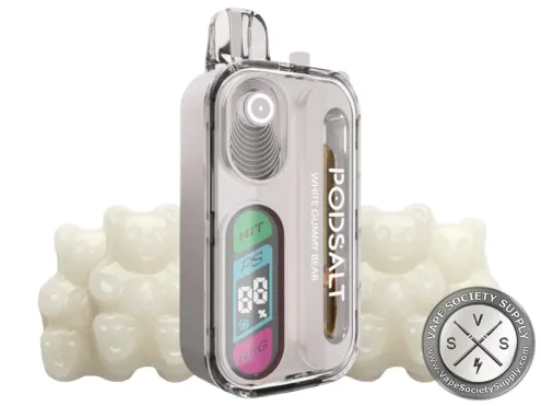 Pod Salt Hit 40K White Gummy Bear disposable vape in clear silver, next to white gummy bears