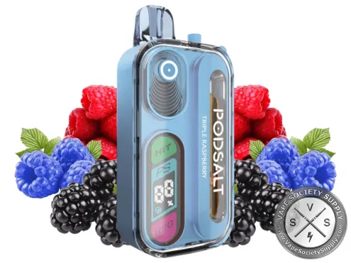 Pod Salt Hit 40K Triple Raspberry disposable vape in light blue, next to red raspberries, blue raspberries and blackberries