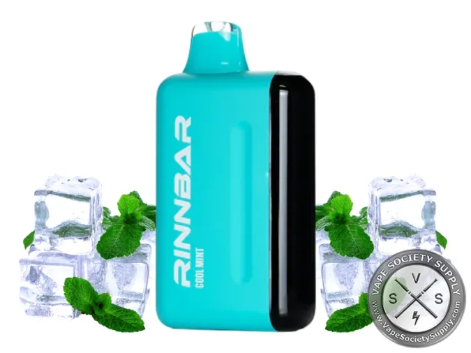 RINNBAR 50K Cool Mint disposable vape in aqua, next to ice cubes and mint leaves