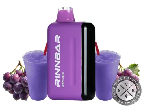 RINNBAR 50K Grape Slush disposable vape in purple, next to cups of grape slush and grapes