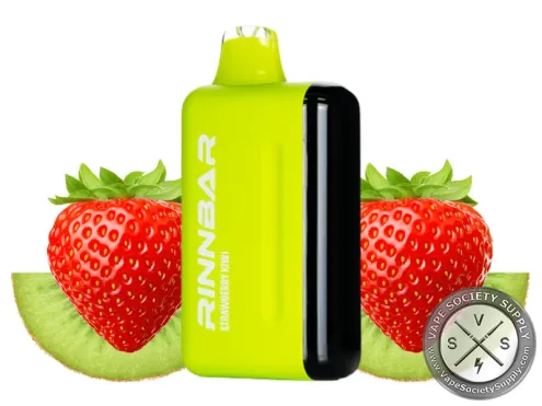 RINNBAR 50K Strawberry Kiwi disposable vape in lime green, next to strawberries and kiwi slices