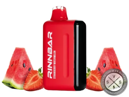 RINNBAR 50K Strawberry Watermelon disposable vape in red, next to watermelon slices and strawberries