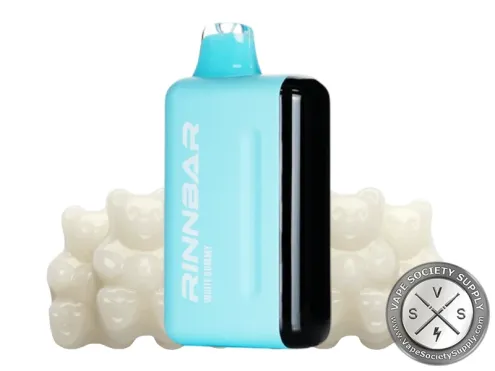 RINNBAR 50K White Gummy disposable vape in light blue, next to white gummy bears
