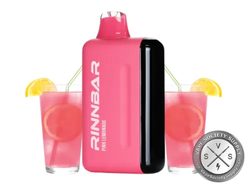 RINNBAR 50K Pink Lemonade disposable vape in pink, next to glasses of pink lemonade and lemon slices
