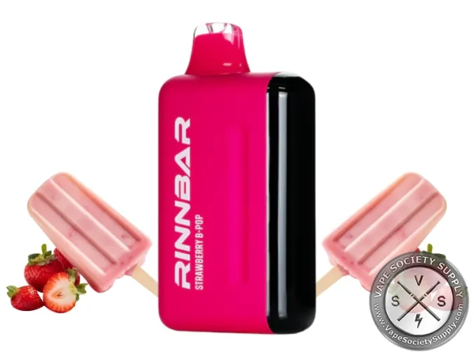 RINNBAR 50K Strawberry B Pop disposable vape in pink, next to strawberry ice pops and strawberries