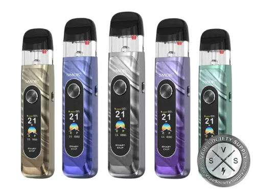 Five SMOK Novo 6 pod systems in gold, blue, silver, purple and mineral green, each screen showing 21W