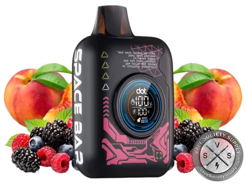 Space Bar 35K Berry Peach disposable vape with peaches, blackberries, raspberries and blueberries