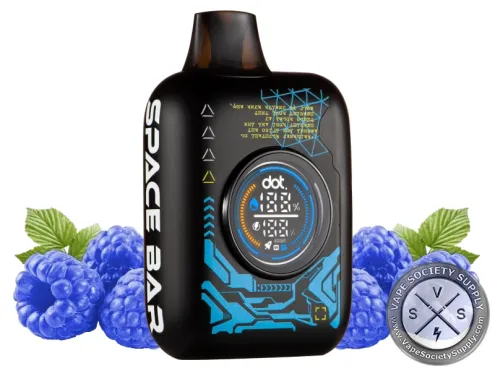 Space Bar 35K Blue Raspberry disposable vape with blue raspberries and leaves
