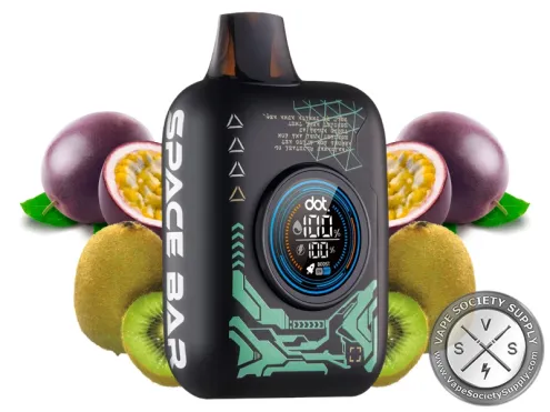 Space Bar 35K Kiwi Passion Fruit disposable vape with halved passion fruit and kiwi halves