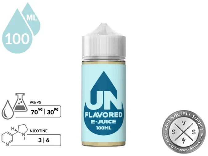 UNflavored E-Juice 100ml bottle with a 70/30 VG/PG icon and nicotine strength icons