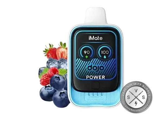 Vaporesso DOJO iMate OS Blue Razz Ice pod in blue on an iMate battery with its screen lit, next to blueberries and raspberries