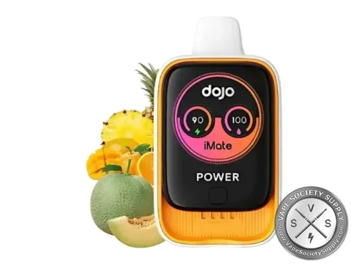 Vaporesso DOJO iMate OS Hawaiian Dream pod in orange on an iMate battery with its screen lit, next to pineapple, melon and citrus