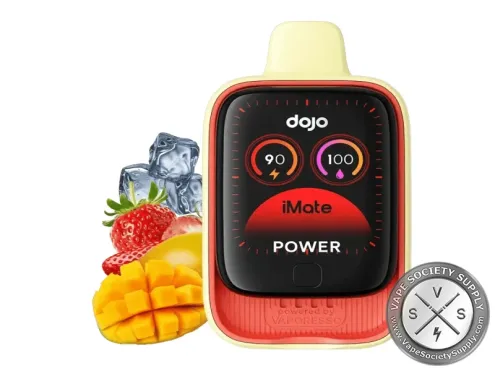 Vaporesso DOJO iMate OS Mango Straw pod in red-orange on an iMate battery with its screen lit, next to mangoes, strawberries and ice cubes