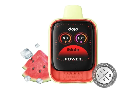 Vaporesso DOJO iMate OS Watermelon Ice pod in red-orange on an iMate battery with its screen lit, next to watermelon slices and ice cubes