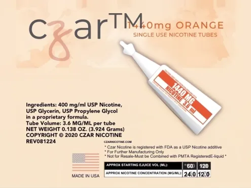 Czar Nic orange 1440mg tube label with ingredients and a mixing chart