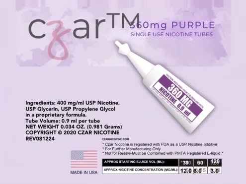 Czar Nic purple 360mg tube label with ingredients and a mixing chart